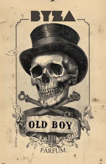 BYZA Old Boy Parfum label with a vintage skull in a top hat above crossed bones and keys, fragrance inspired by A Men Pure Malt