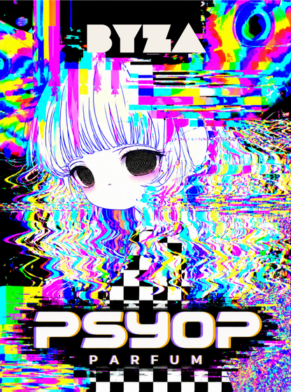 PSYOP parfum label artwork by BYZA featuring a white-haired character and colorful glitch pattern