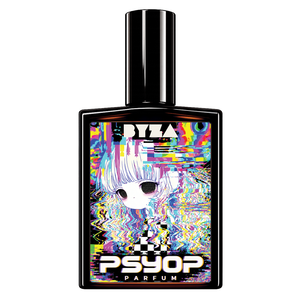 PSYOP perfume by BYZA, inspired by Mugler Alien, in a black bottle with colorful glitch artwork