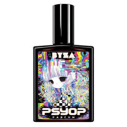 PSYOP perfume by BYZA, inspired by Mugler Alien, in a black bottle with colorful glitch artwork