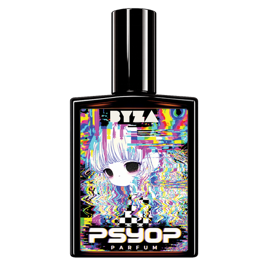 PSYOP perfume by BYZA, inspired by Mugler Alien, in a black bottle with colorful glitch artwork